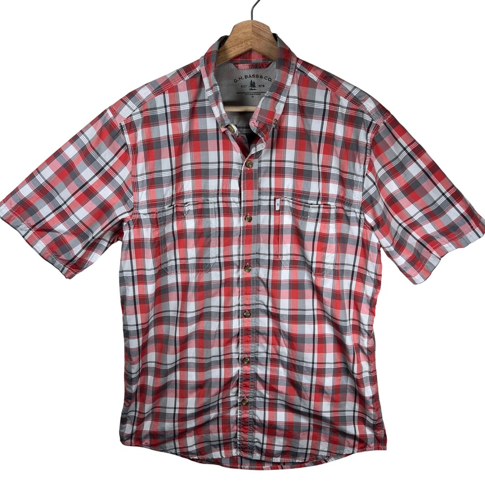GH Bass &‎ Co Mens Plaid Short Sleeve Button Down Shirt Red Gray Black Size M